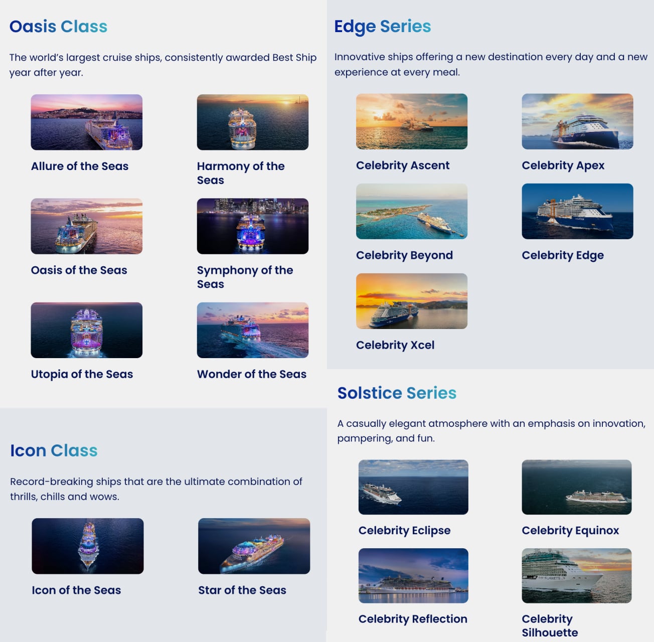 A user interface for selecting a ship from one of four fleets: Oasis Class, Edge Series, Icon Class and Solstice Series