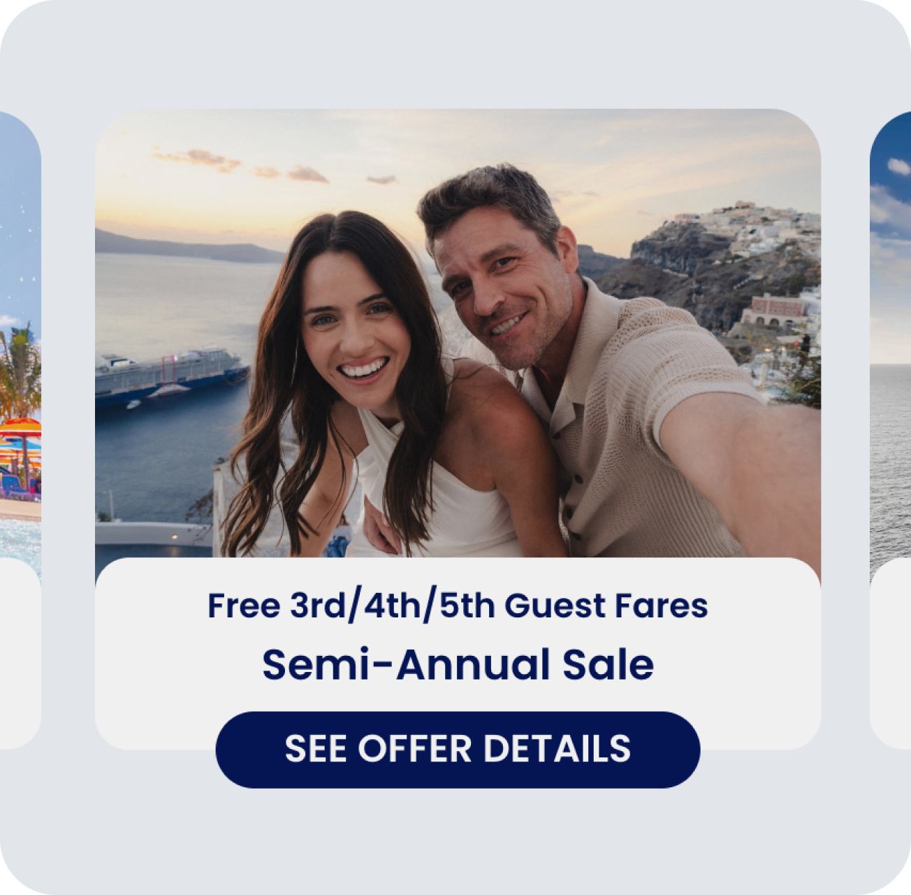 An offer card, featuring a picture of a couple enjoying a vacation in a coastal area and the text 