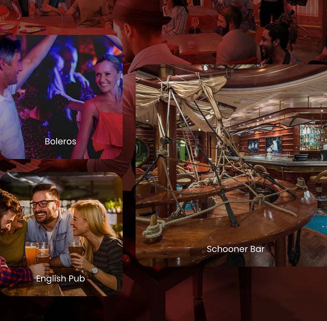 A user interface showing featured of a ship, including dining establishments