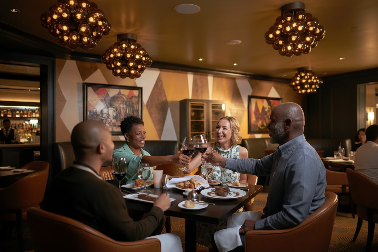 group of people toasting their glasses around a table